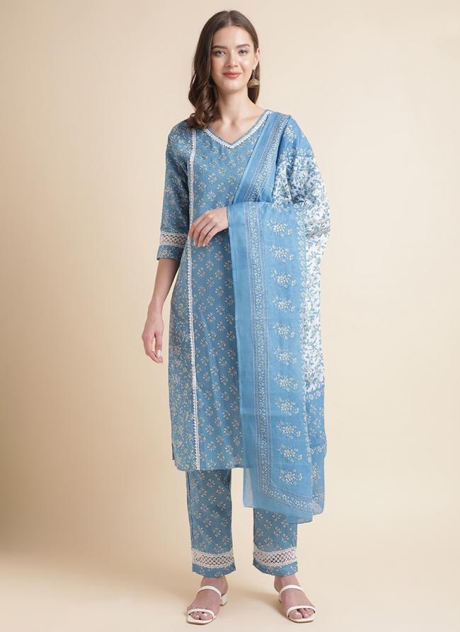 Cotton Sky Blue Traditional Wear Digital Printed Readymade Salwaar Suit